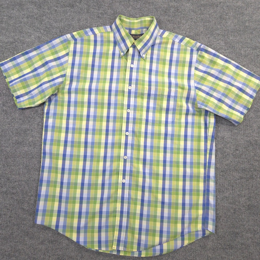 Brooks Brothers Shirt Mens L Green Blue Check Non-Iron Short Sleeve Button Down